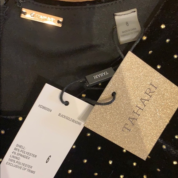NWT Tahari Black Velvet Long Sleeve Dress Gold 6 - Picture 8 of 8